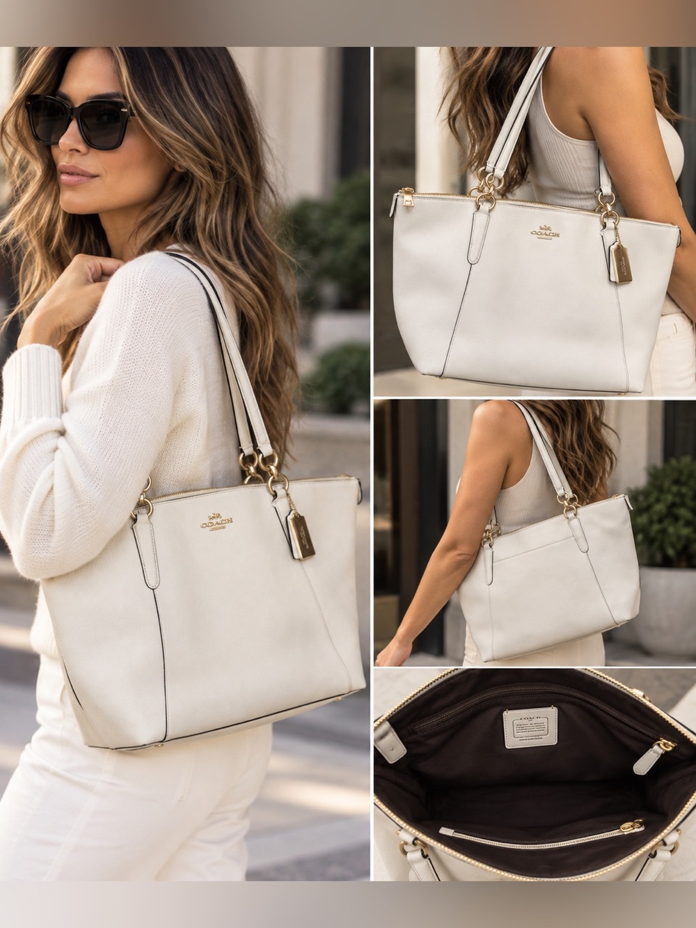 Coach F57526 Large Chalk White Crossgrain Leather Zip Tote Shoulder Bag Gold
